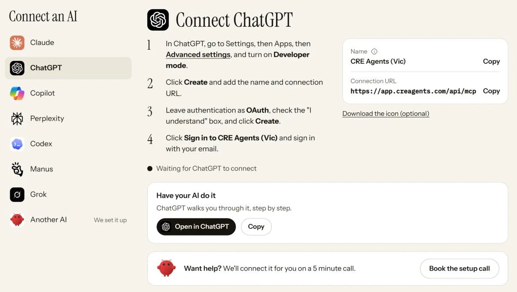 The portal's Connect page with ChatGPT picked: the numbered steps, the values to copy, and a line that shows it is waiting for ChatGPT to connect.