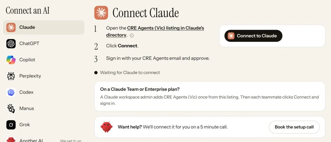 The portal's Connect page with Claude picked: three steps, a Connect to Claude button, a note for Claude Team and Enterprise plans, and a line that shows it is waiting for Claude to connect.