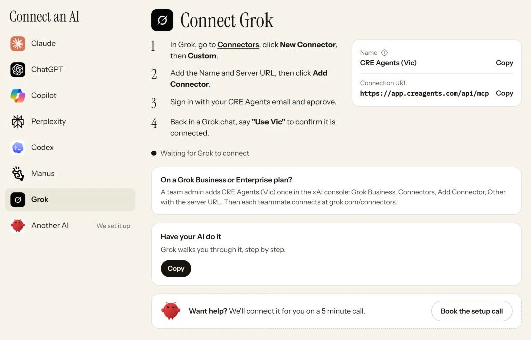 The portal's Connect page with Grok picked: the numbered steps, the values to copy, and a line that shows it is waiting for Grok to connect.