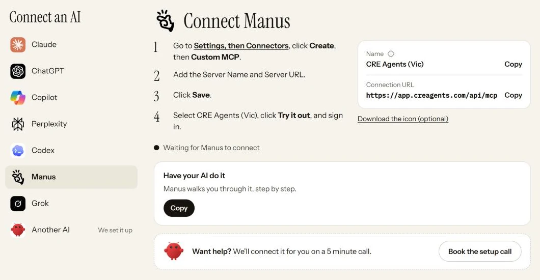 The portal's Connect page with Manus picked: the numbered steps, the values to copy, and a line that shows it is waiting for Manus to connect.
