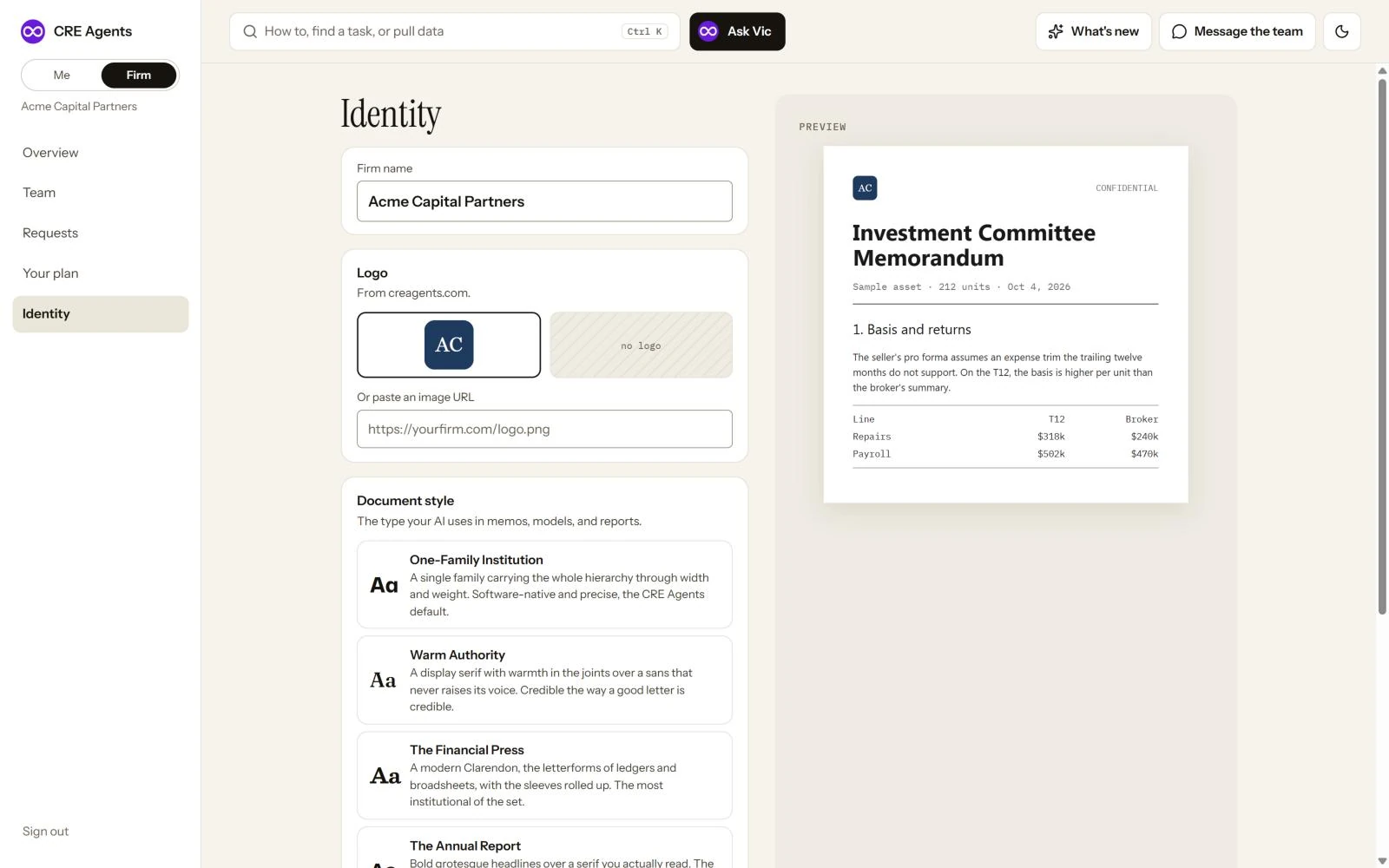 The Identity page: Firm name, Logo with a logo found from the firm's website, Document style choices, and a live preview of a sample investment committee memo.