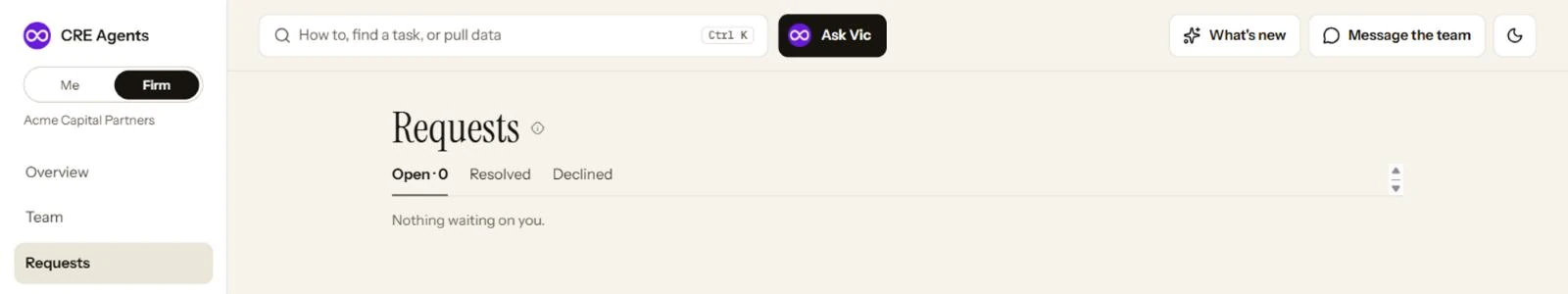 The Requests page with Open, Resolved and Declined tabs. Open shows 0 and the line: Nothing waiting on you.