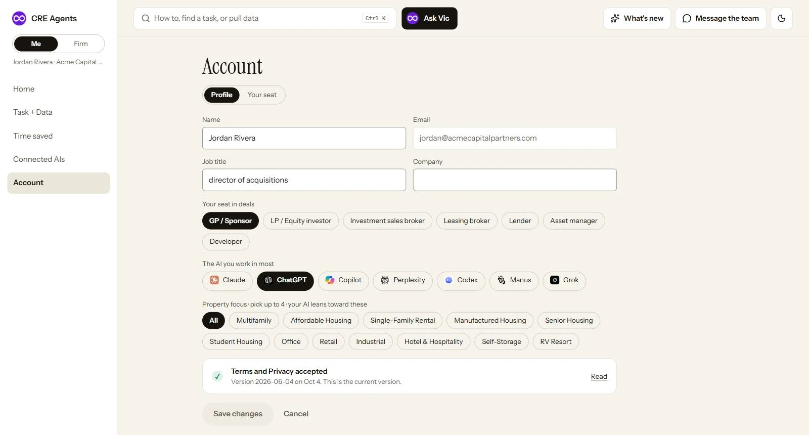 The Account page, Profile tab: Name, Email, Job title and Company, your seat in deals, the AI you work in most, property focus, and Terms and Privacy accepted, with Save changes.