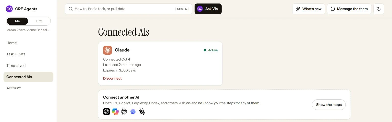The Connected AIs page: Claude, Active, connected Oct 4, last used 45 minutes ago, with a Disconnect button. Below, Connect another AI with a Show the steps button.