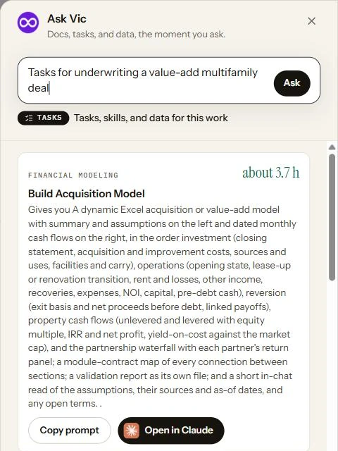 Ask Vic showing task results for an underwriting request: each task with what it gives you, what your AI will ask for, and Copy prompt and Open in Claude buttons.