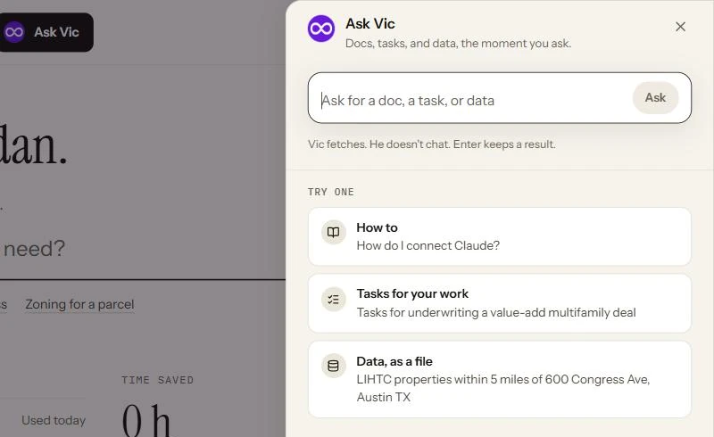 The Ask Vic panel: a box that says Ask for a doc, a task, or data, and a list of what Vic can fetch, each with an example to try.