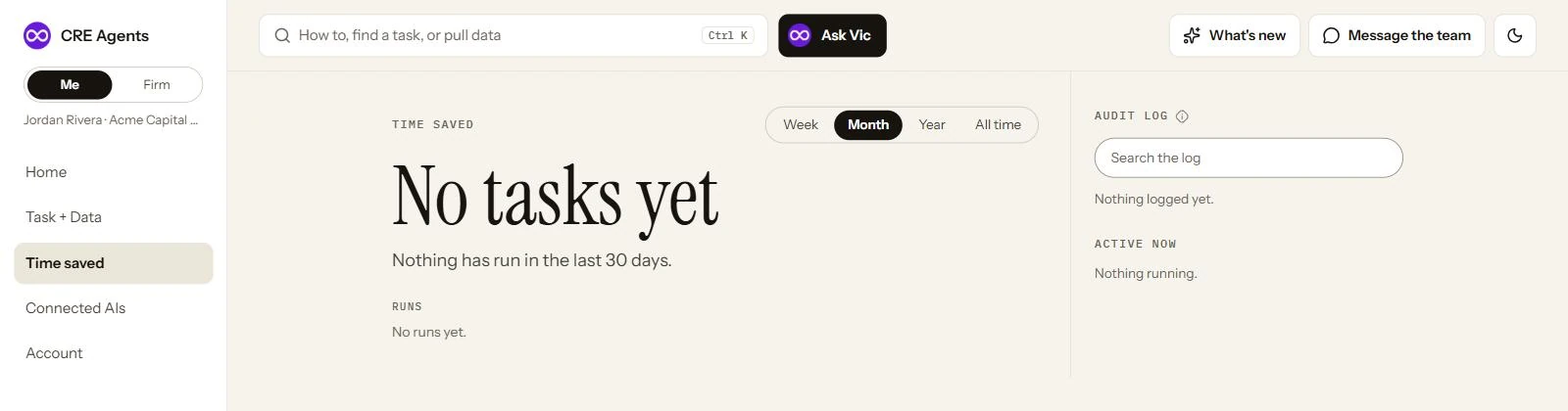 The Time saved page: Week, Month, Year and All time tabs, then Runs, the Audit log with a search box, and Active now.