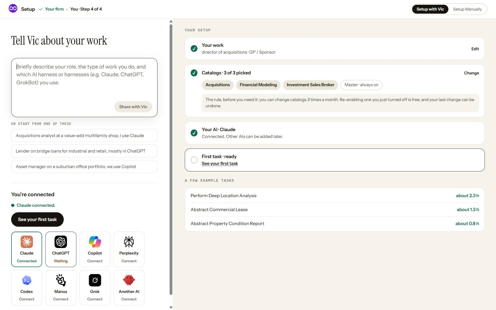 Setup with Vic: a box that says Tell Vic about your work, with example lines to start from, and a checklist on the right that fills in as Vic reads it.