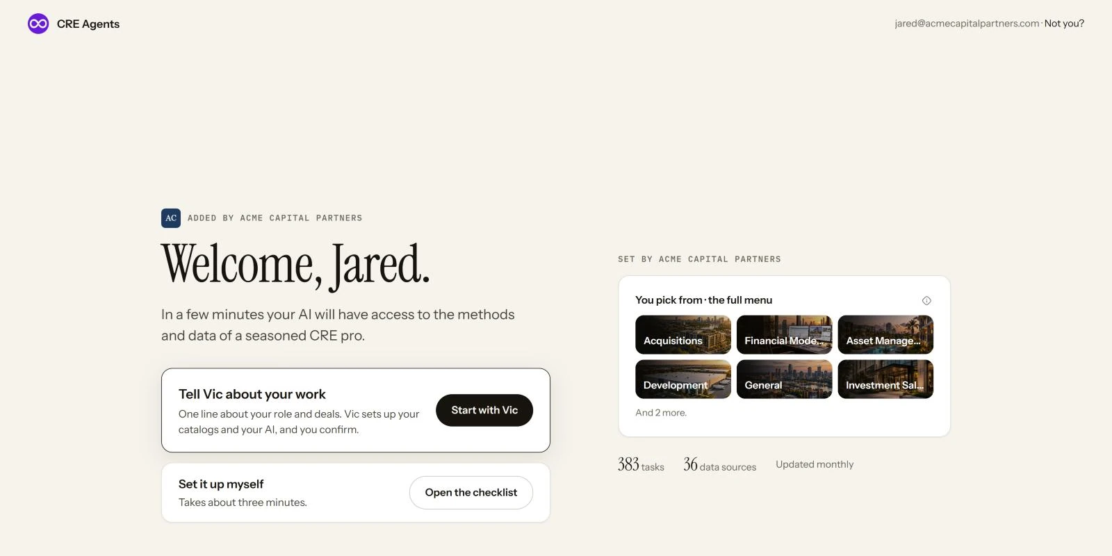 A member's welcome: Added by Acme Capital Partners. Welcome, Jared. The same two setup cards, and on the right, Set by Acme Capital Partners: the catalogs he picks from, from the full menu.