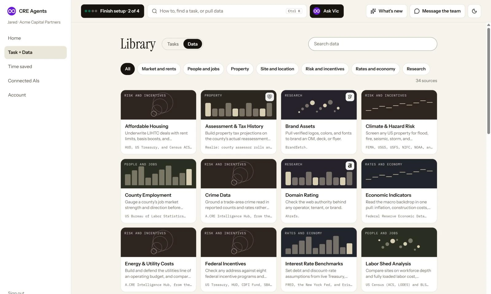 The Data tab: groups across the top (Market and rents, People and jobs, Property, Site and location, Risk and incentives, Rates and economy, Research) and a grid of data sources, each with what it's for and where it comes from.