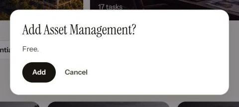 A dialog: Add Asset Management? Free. Add and Cancel buttons.