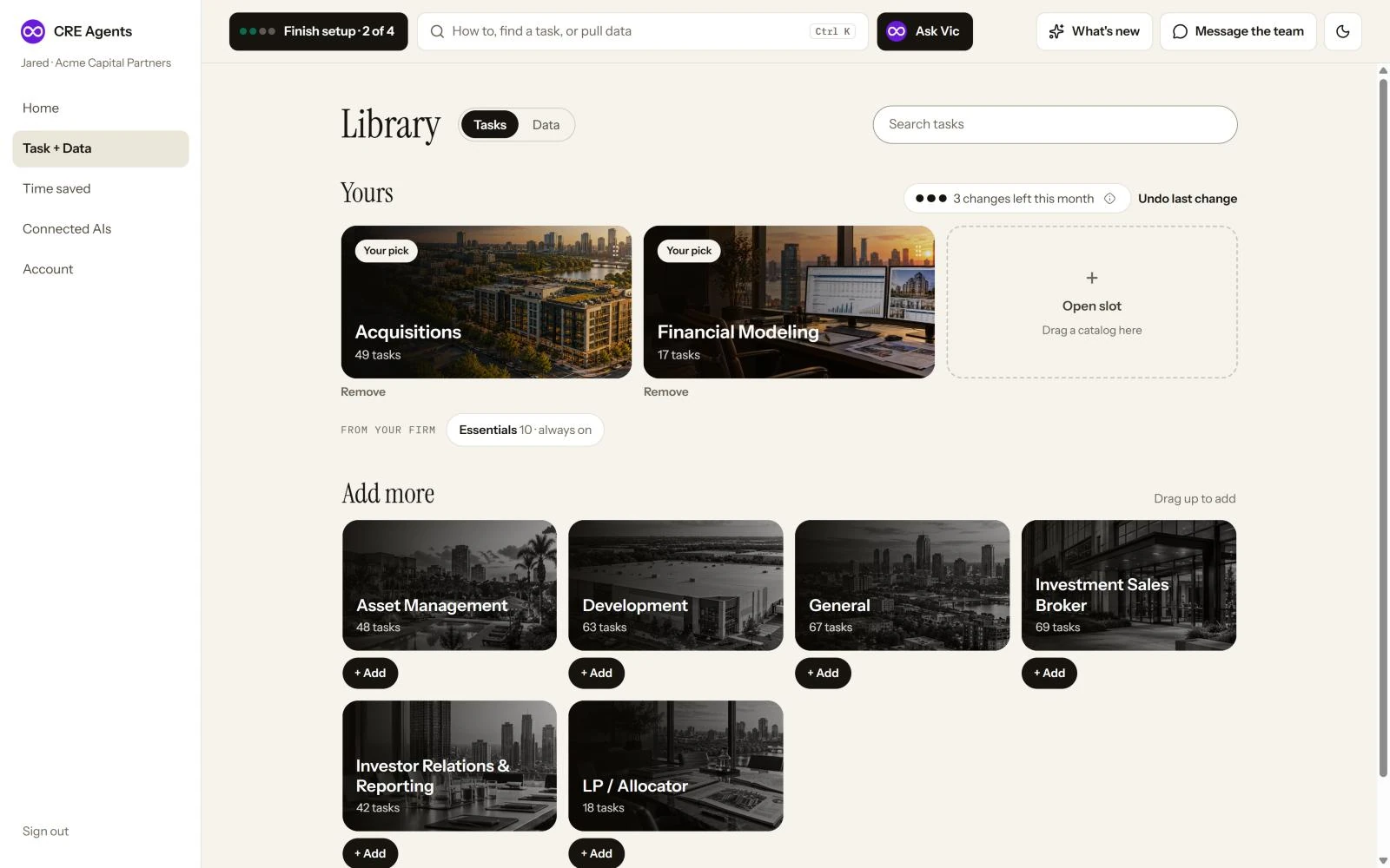 The Library page, Tasks tab: two picked catalogs (Acquisitions and Financial Modeling), an open slot that says Drag a catalog here, 3 changes left this month, Essentials always on, and Add more below with Asset Management, Development, General and others, each with an Add button.